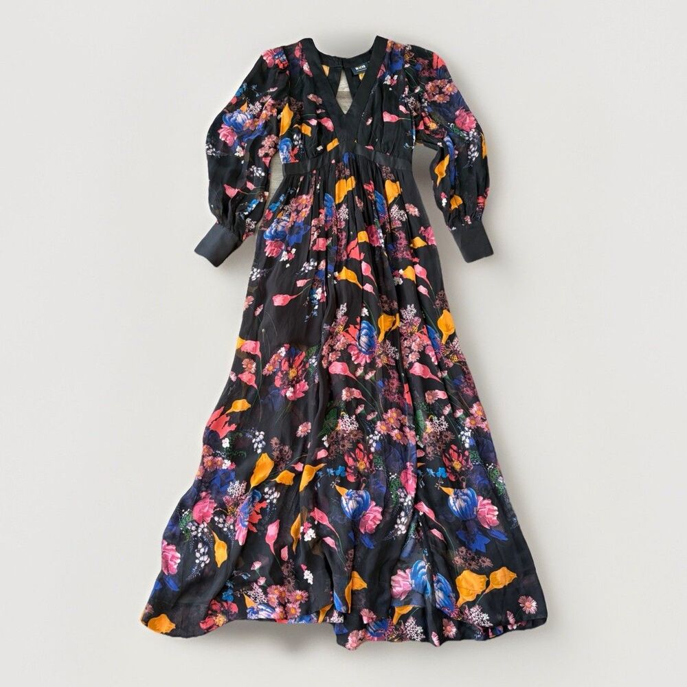 Anthropologie Maeve Deep-V Maxi Dress Size 2 Black Floral Long Sleeve Boho NWT